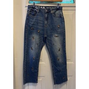 SONG Timeless Fit Women's Denim 11/30 Distressed Straight Leg Embroidered Flower